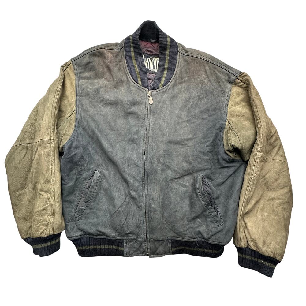 Vintage Winlit Two Tone Varsity Bomber Leather Jacket Men Large Gray Quilt Lined